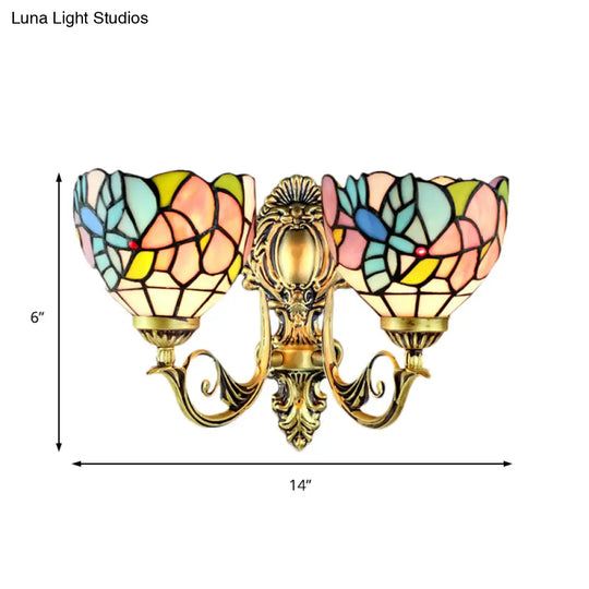 Rustic Stained Glass Wall Lamp With Art Pattern - 2 Head Fixture For Dining Room