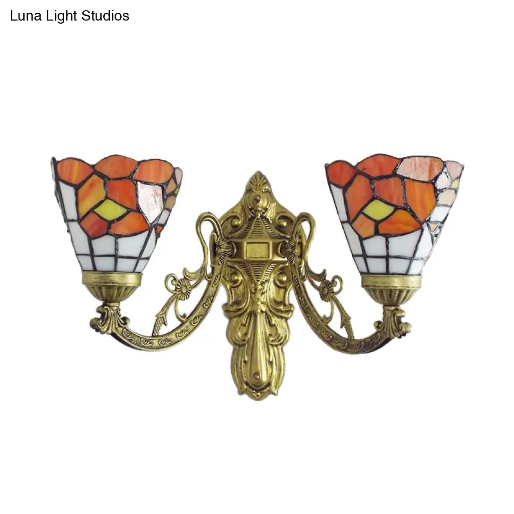 Rustic Stained Glass Wall Light - 2 Lights Orange/Pink/Blue/Beige Library & Living Room Sconce