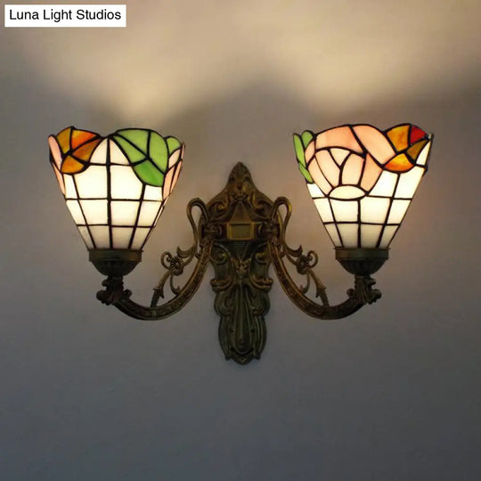 Rustic Stained Glass Wall Light - 2 Lights Orange/Pink/Blue/Beige Library & Living Room Sconce