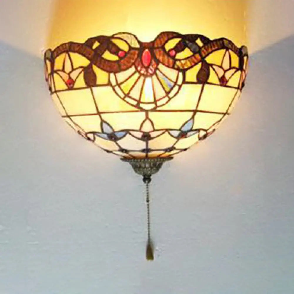 Rustic Stained Glass Wall Mount Light: Hemisphere Fixture With Pull Chain Ideal For Bedside Tan