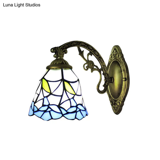 Rustic Stained Glass Wall Sconce With Floral Accent - Blue Bell 1 Light Fixture For Corridor