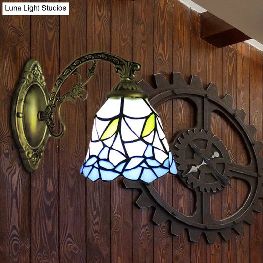 Rustic Stained Glass Wall Sconce With Floral Accent - Blue Bell 1 Light Fixture For Corridor