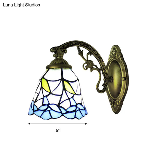 Rustic Stained Glass Wall Sconce With Floral Accent - Blue Bell 1 Light Fixture For Corridor