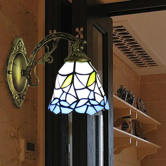 Rustic Stained Glass Wall Sconce With Floral Accent - Blue Bell 1 Light Fixture For Corridor / No