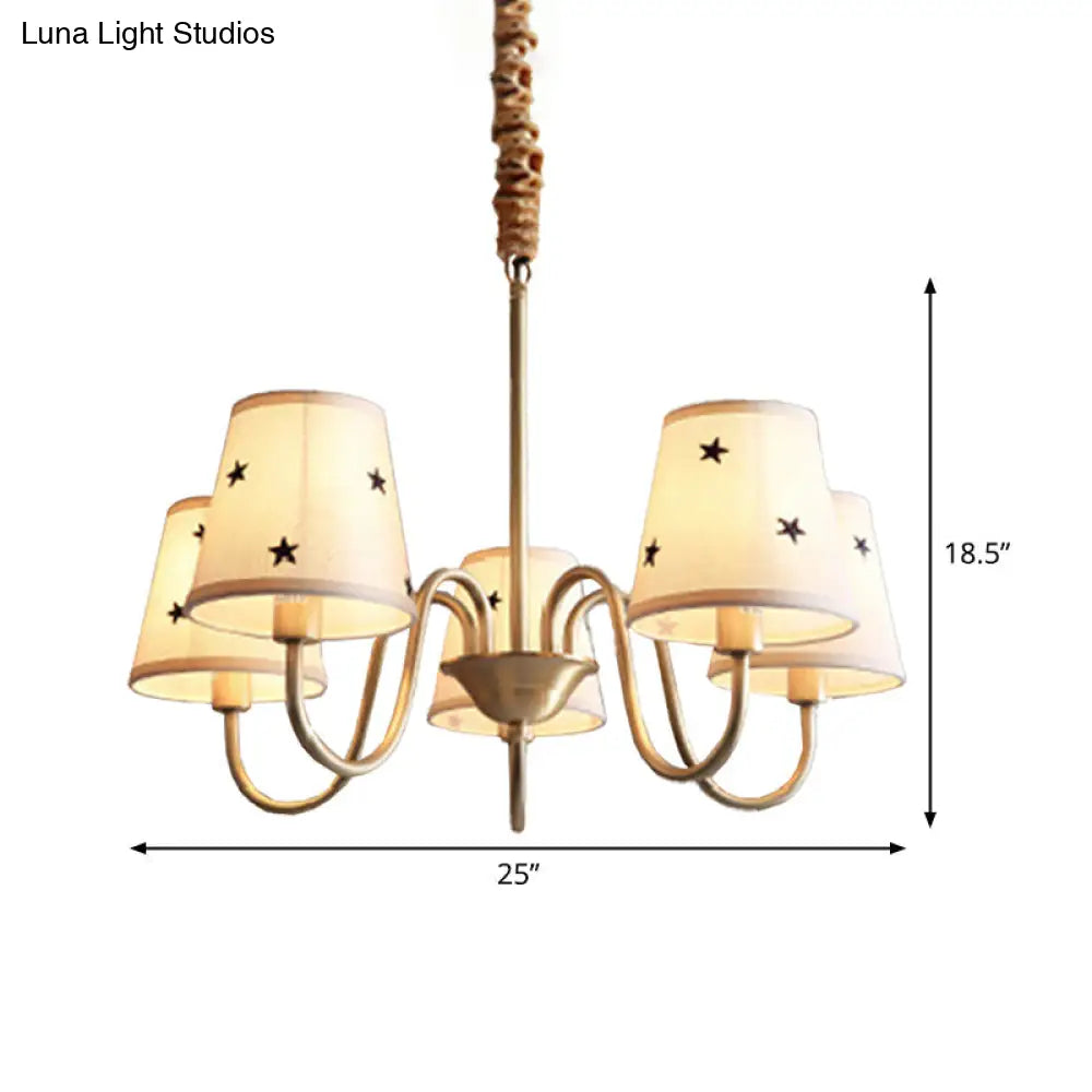 Rustic Star Patterned Chandelier In Gold - Conical Fabric Design 3/5/6 Lights Ideal For Bedroom