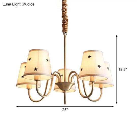 Rustic Star Patterned Chandelier In Gold - Conical Fabric Design 3/5/6 Lights Ideal For Bedroom