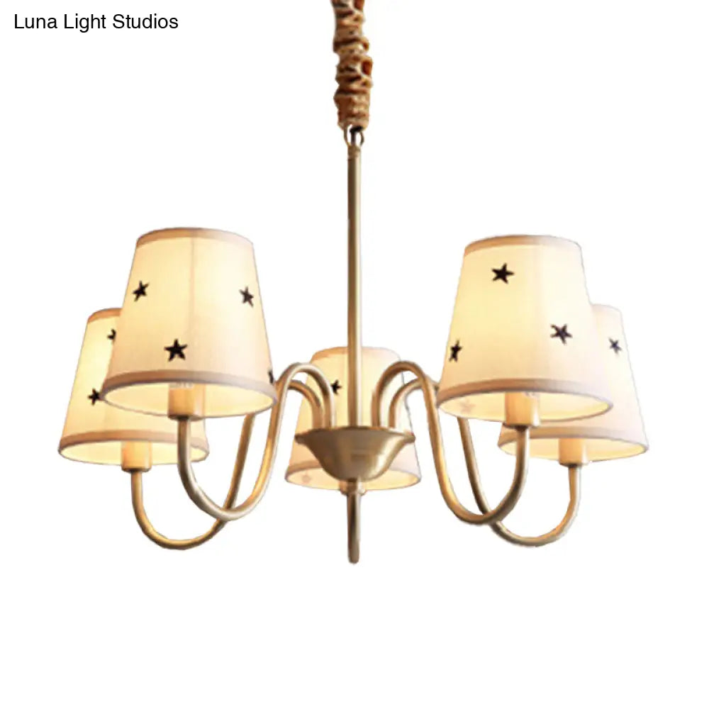 Rustic Star Patterned Chandelier In Gold - Conical Fabric Design 3/5/6 Lights Ideal For Bedroom