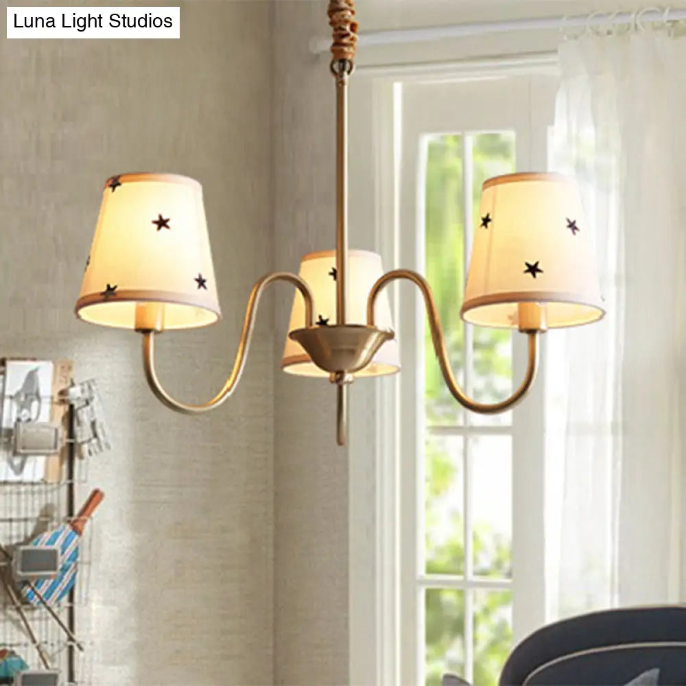 Rustic Star Patterned Chandelier In Gold - Conical Fabric Design 3/5/6 Lights Ideal For Bedroom