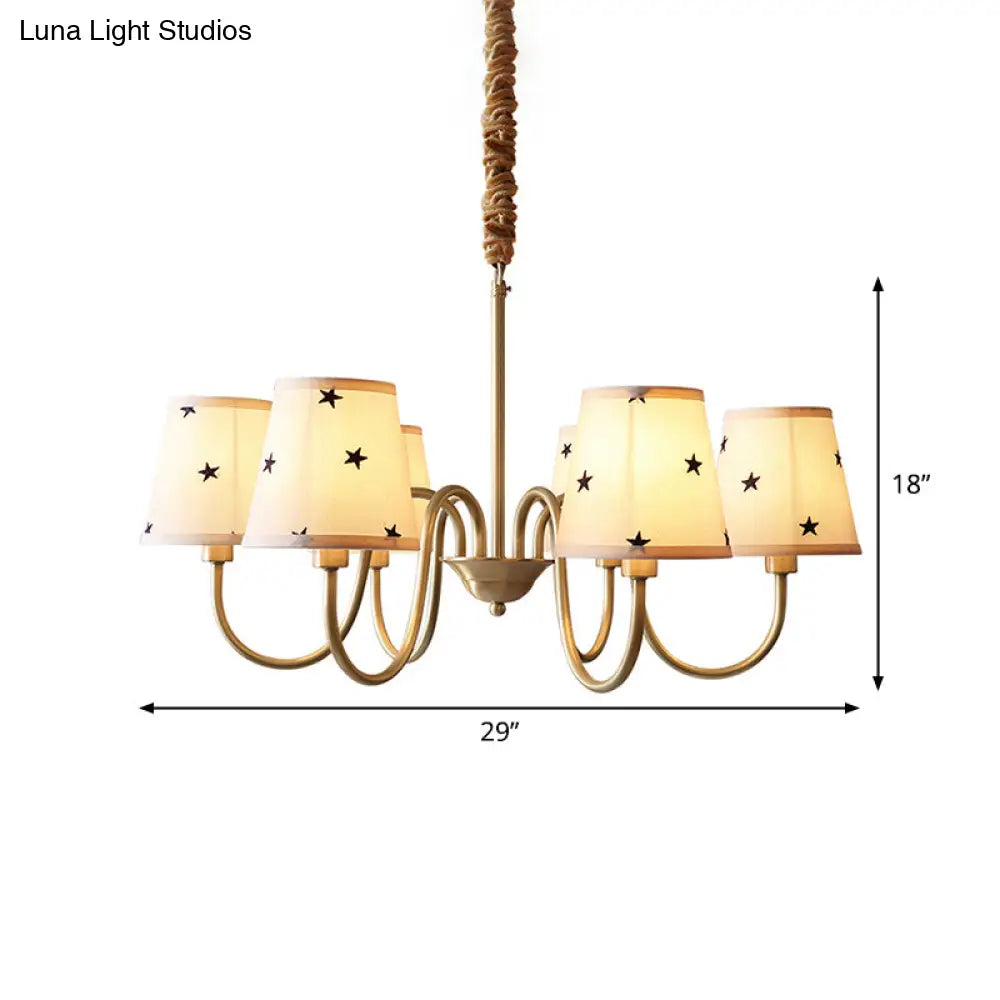 Rustic Star Patterned Chandelier In Gold - Conical Fabric Design 3/5/6 Lights Ideal For Bedroom