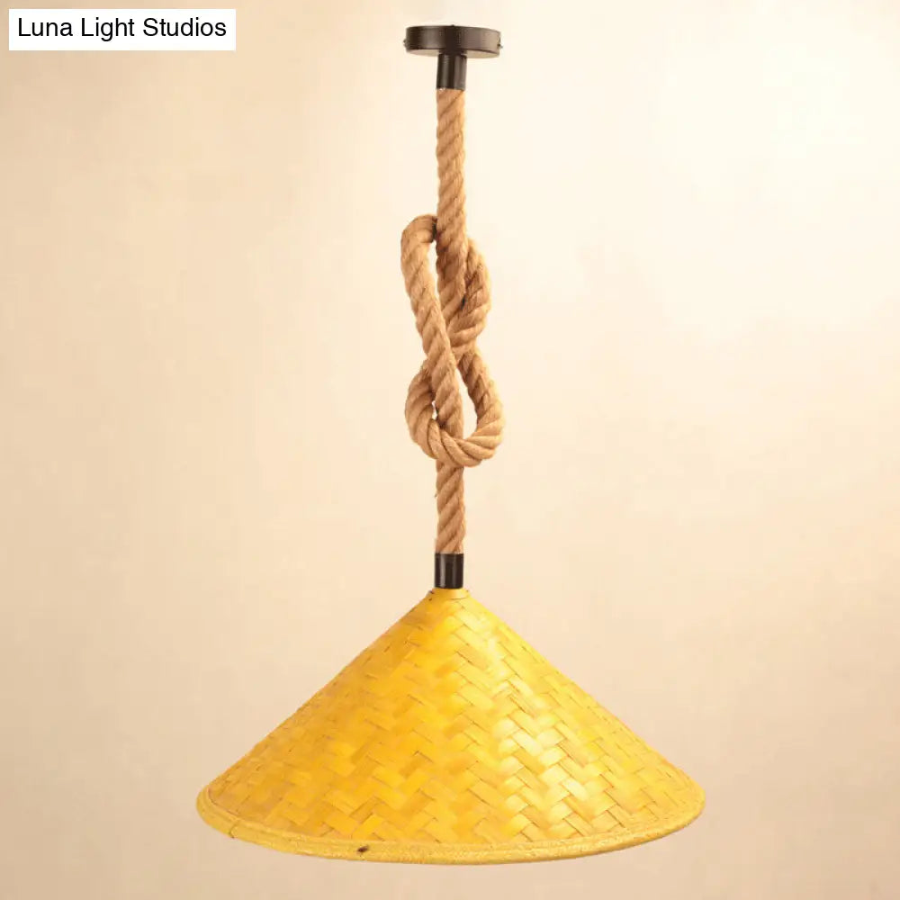 Rustic Straw Hat Rope Rattan Pendant Light Kit - Farmhouse Ceiling Yellow