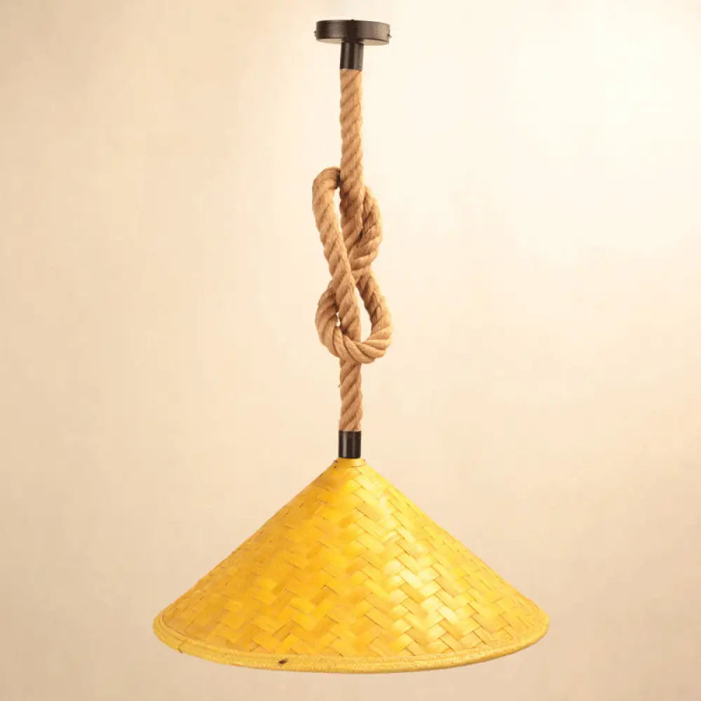 Rustic Straw Hat Rope Rattan Pendant Light For Farmhouse - 1 Ceiling Kit Yellow