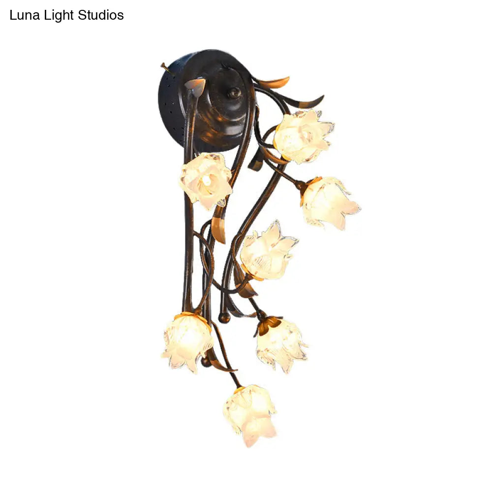 Rustic-Style Blossom Shaped Clear Glass Sconce - Wall Mounted Light Fixture With 7 Lights In Bronze