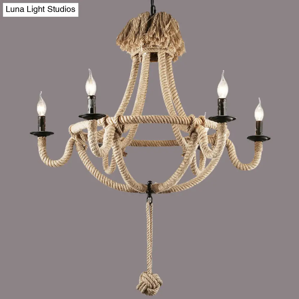 Rustic Style Candle Rope Chandelier: Beige Pendant Lighting For Dining Room (3/6 Lights)