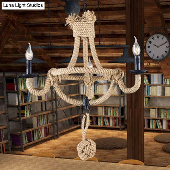 Rustic Style Candle Rope Chandelier: Beige Pendant Lighting For Dining Room (3/6 Lights) 3 /