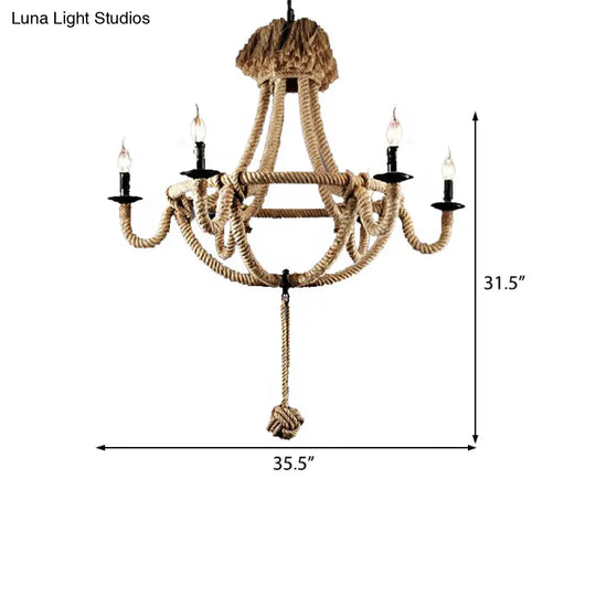 Rustic Style Candle Rope Chandelier In Beige – Dining Room Pendant Lighting (3/6 Lights)