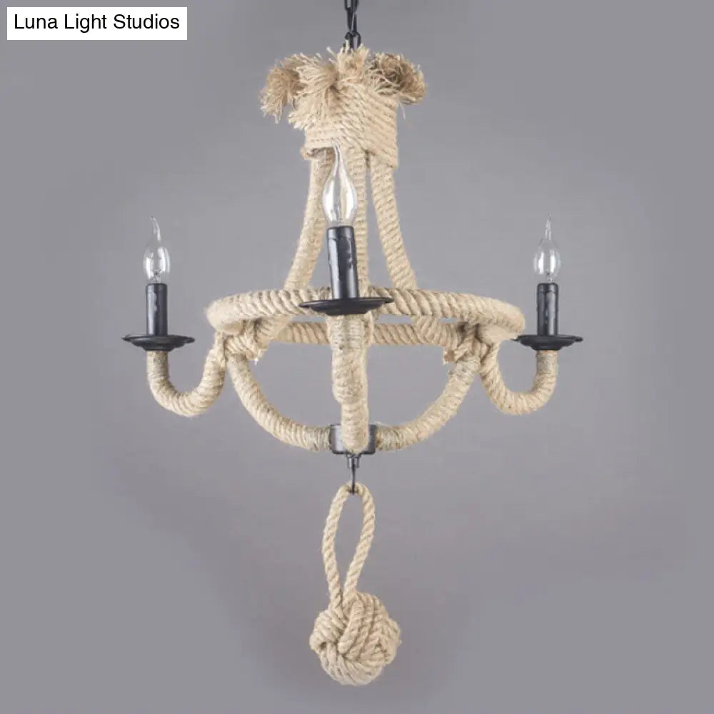 Rustic Style Candle Rope Chandelier: Beige Pendant Lighting For Dining Room (3/6 Lights)