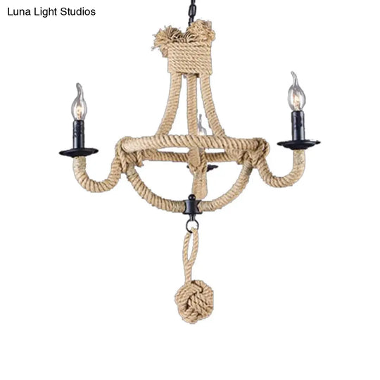 Rustic Style Candle Rope Chandelier: Beige Pendant Lighting For Dining Room (3/6 Lights)