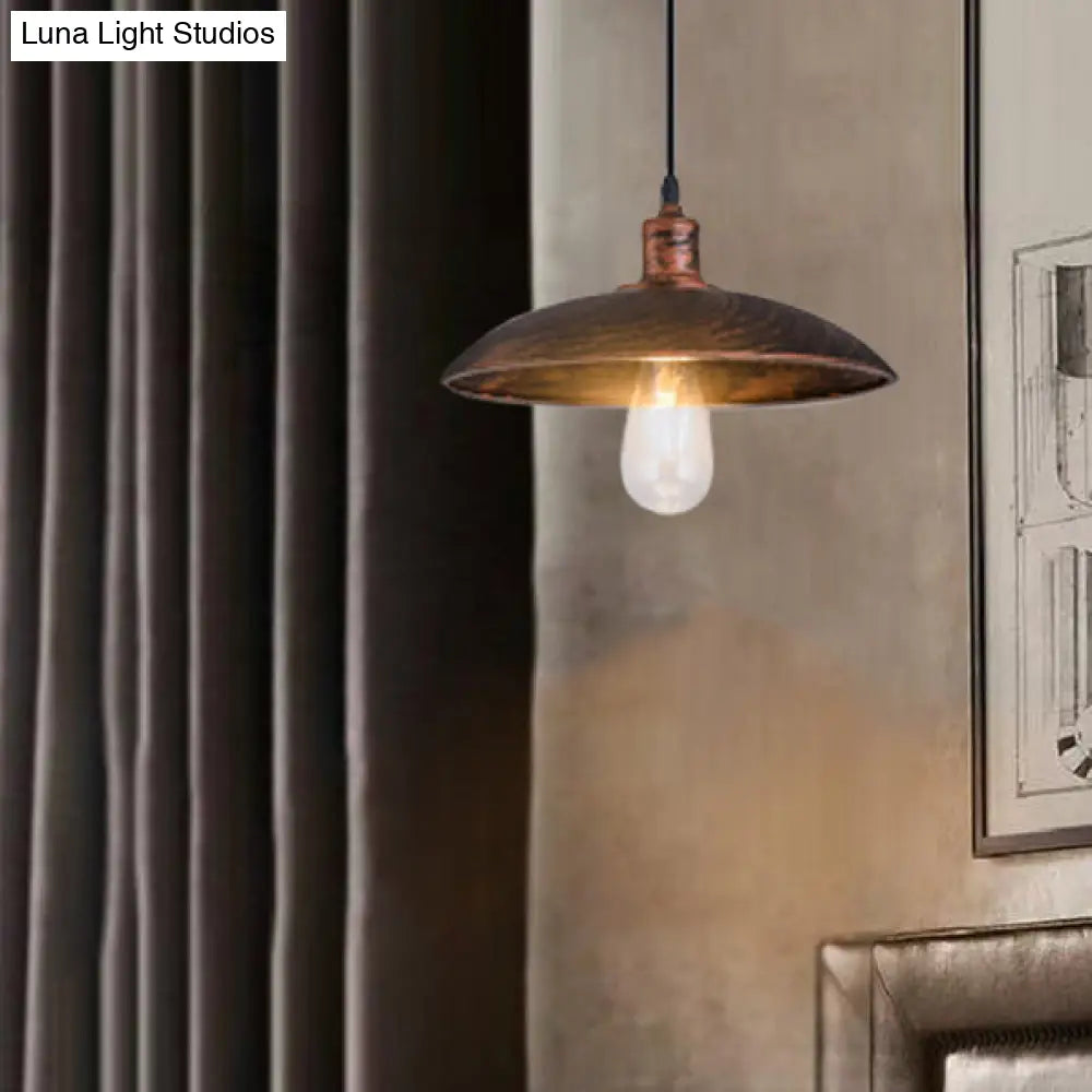 Rustic Iron Pendant Light With Adjustable Bronze Cord - 1 Bulb Hang Ceiling Lamp Bowl Shade 12.5/16