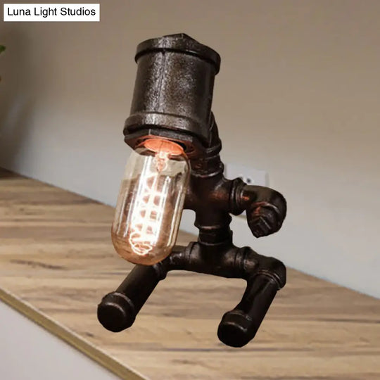 Rustic Style Metallic Robot Table Lamp With Bare Bulb - 1-Light Black/Aged Bronze Finish