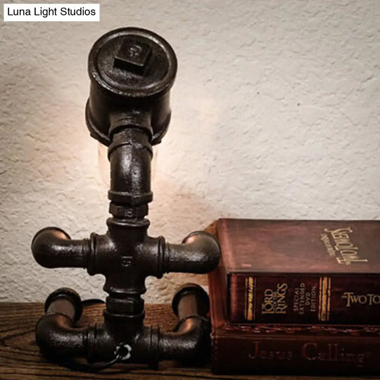 Rustic Style Metallic Robot Table Lamp With Bare Bulb - 1-Light Black/Aged Bronze Finish