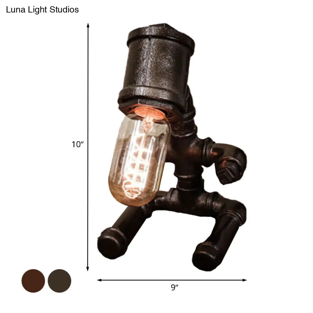 Rustic Style Metallic Robot Table Lamp With Bare Bulb - 1-Light Black/Aged Bronze Finish