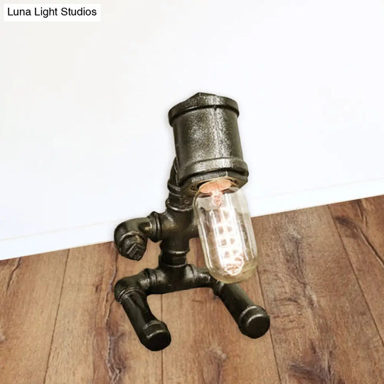 Rustic Style Metallic Robot Table Lamp With Bare Bulb - 1-Light Black/Aged Bronze Finish