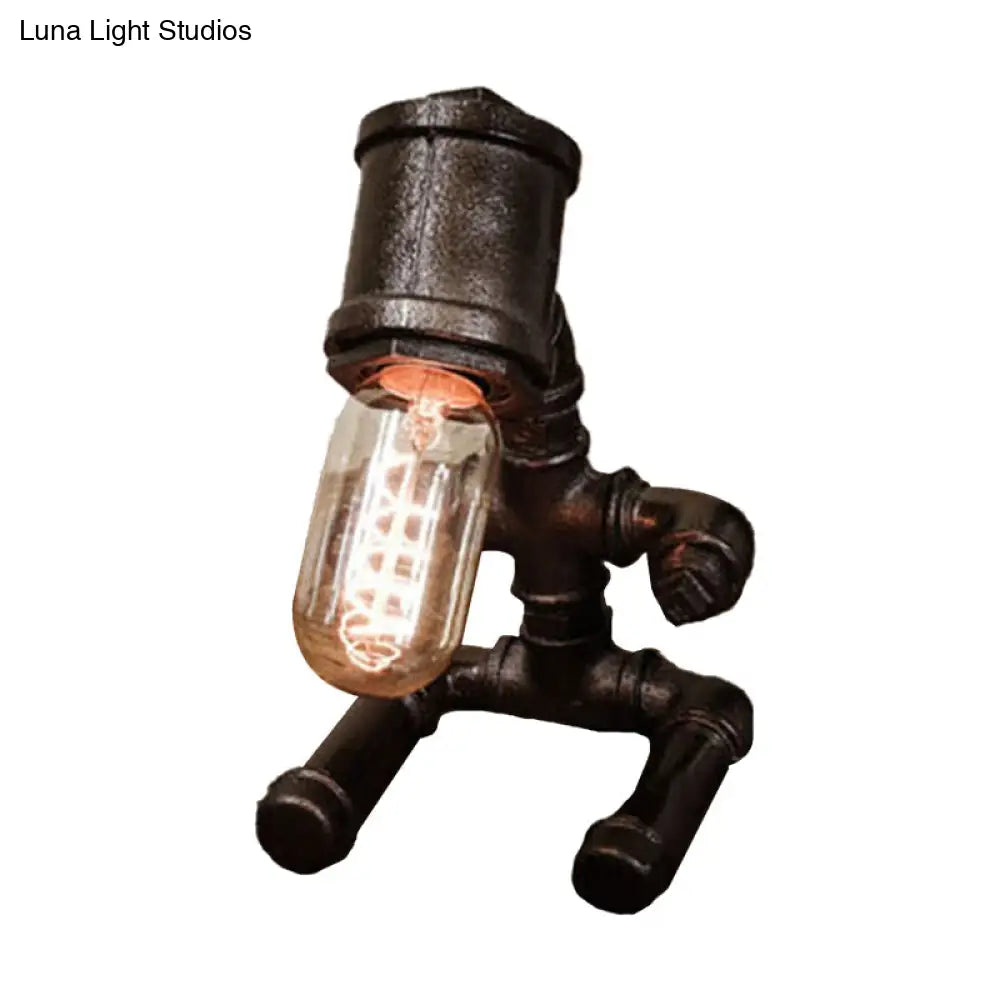 Rustic Style Metallic Robot Table Lamp With Bare Bulb - 1-Light Black/Aged Bronze Finish