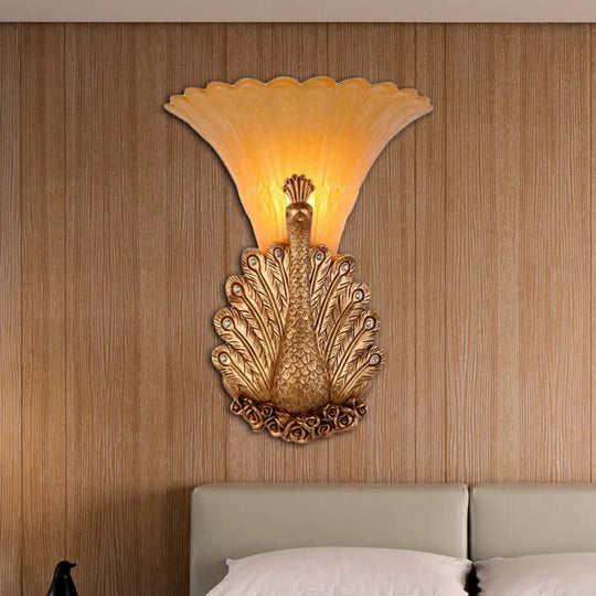 Rustic Style Peacock Wall Mount Lamp - 1 Light Red/Gold Resin With Orange Glass Scalloped Shade