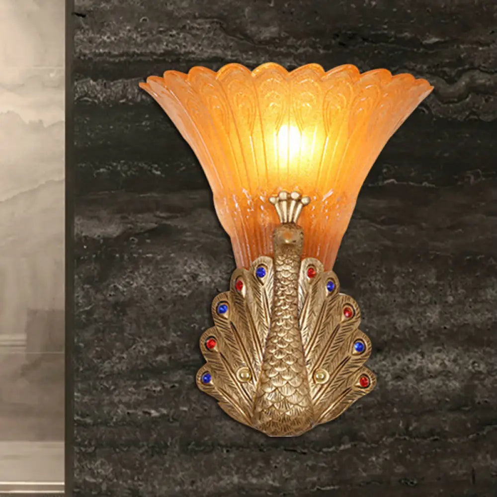 Rustic Style Peacock Wall Mount Lamp - 1 Light Red/Gold Resin With Orange Glass Scalloped Shade