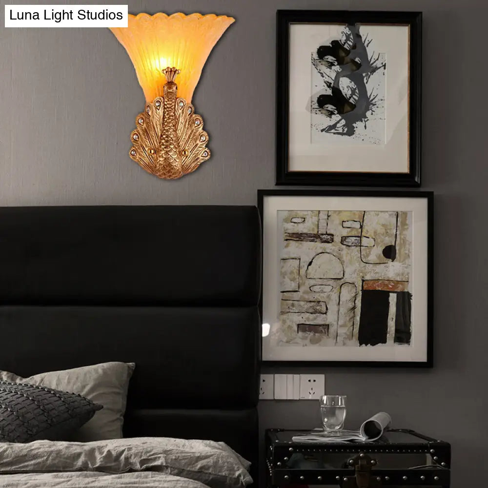 Rustic Style Peacock Wall Mount Lamp - 1 Light Red/Gold Resin With Orange Glass Scalloped Shade