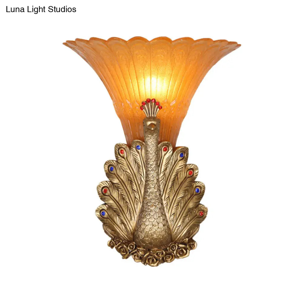 Rustic Style Peacock Wall Mount Lamp - 1 Light Red/Gold Resin With Orange Glass Scalloped Shade