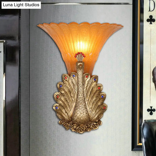 Rustic Style Peacock Wall Mount Lamp - 1 Light Red/Gold Resin With Orange Glass Scalloped Shade