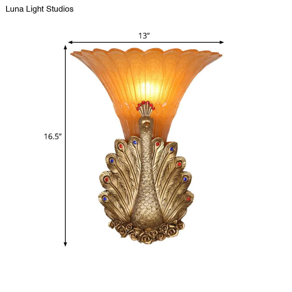 Rustic Style Peacock Wall Mount Lamp - 1 Light Red/Gold Resin With Orange Glass Scalloped Shade