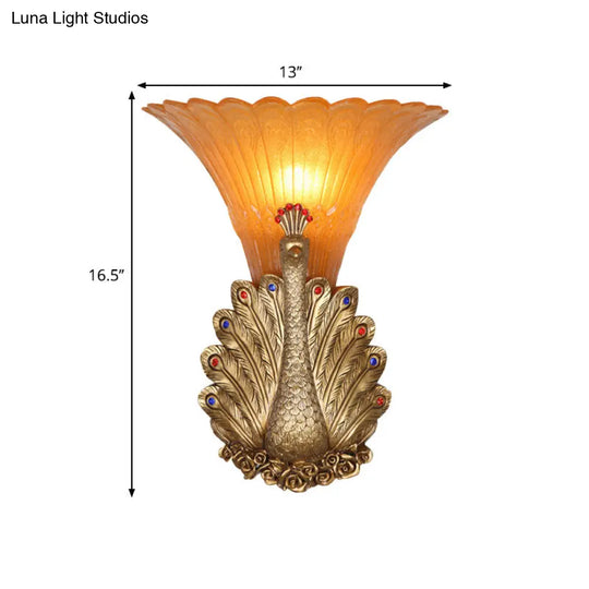 Rustic Style Peacock Wall Mount Lamp - 1 Light Red/Gold Resin With Orange Glass Scalloped Shade