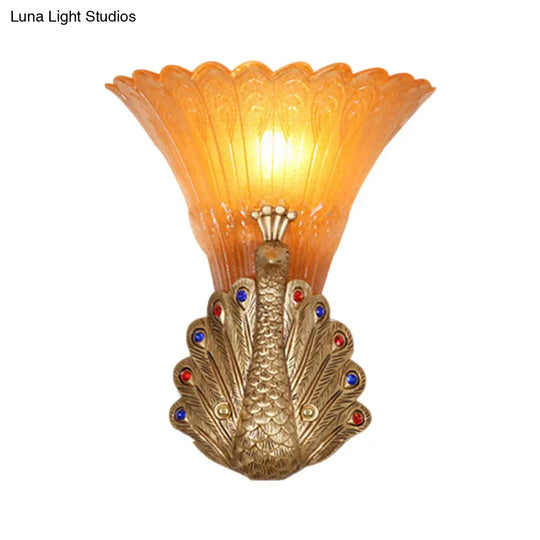 Rustic Style Peacock Wall Mount Lamp - 1 Light Red/Gold Resin With Orange Glass Scalloped Shade