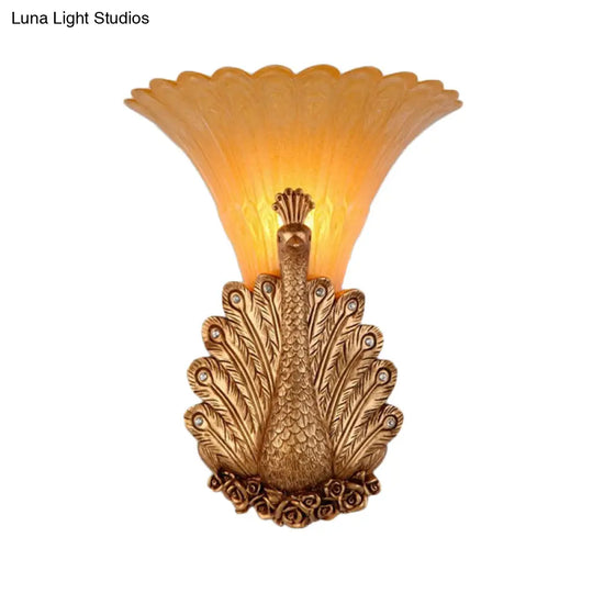 Rustic Style Peacock Wall Mount Lamp - 1 Light Red/Gold Resin With Orange Glass Scalloped Shade