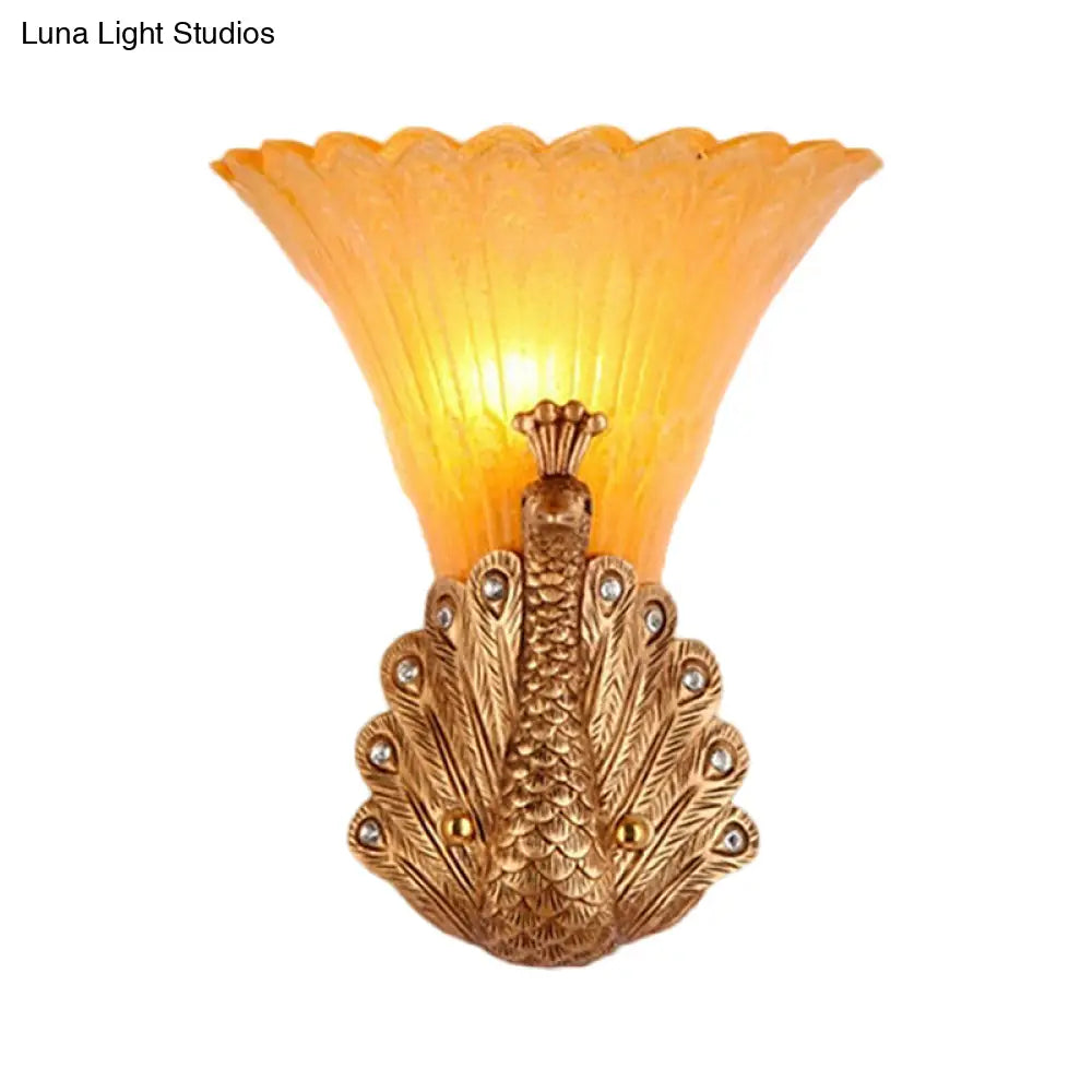 Rustic Style Peacock Wall Mount Lamp - 1 Light Red/Gold Resin With Orange Glass Scalloped Shade