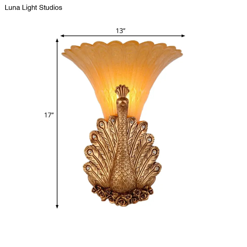 Rustic Style Peacock Wall Mount Lamp - 1 Light Red/Gold Resin With Orange Glass Scalloped Shade