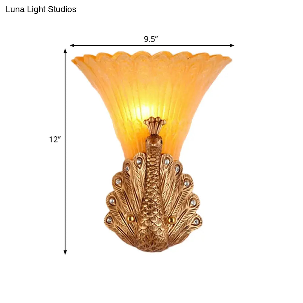 Rustic Style Peacock Wall Mount Lamp - 1 Light Red/Gold Resin With Orange Glass Scalloped Shade