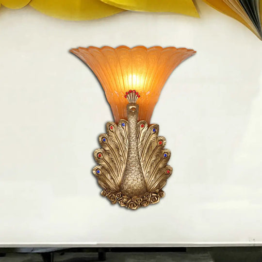 Rustic Style Peacock Wall Mount Lamp - 1 Light Red/Gold Resin With Orange Glass Scalloped Shade