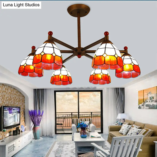 Rustic Style Stained Glass Chandelier With 6 Domed Hanging Lights - Yellow/Red/Blue Ideal For Dining