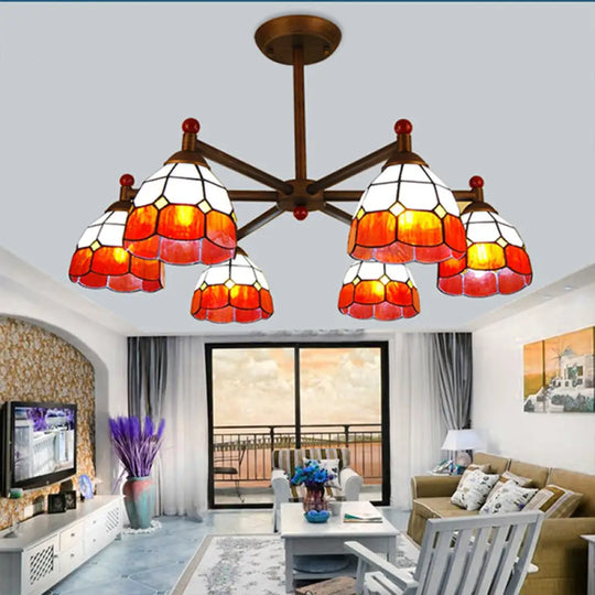 Rustic Style Stained Glass Domed Hanging Chandelier - 6-Light Yellow/Red/Blue Pendant Light For