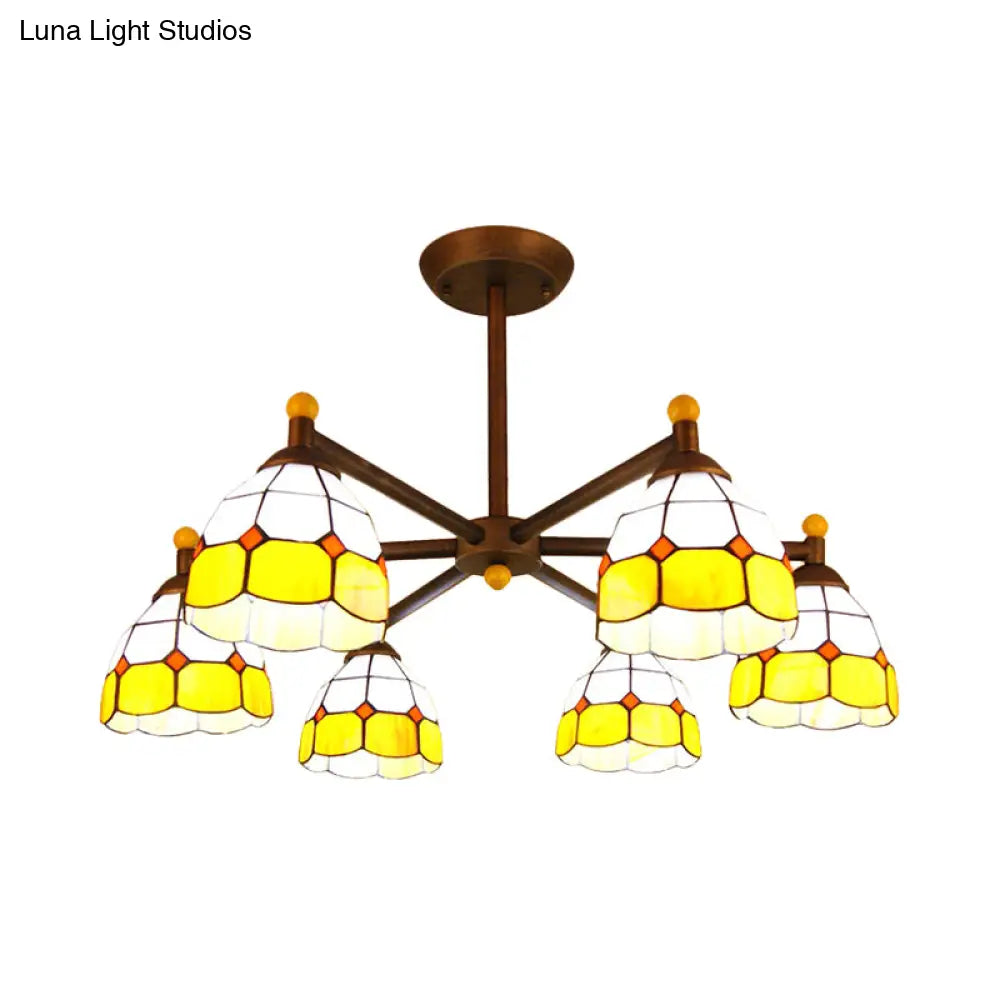 Rustic Style Stained Glass Domed Hanging Chandelier - 6-Light Yellow/Red/Blue Pendant Light For