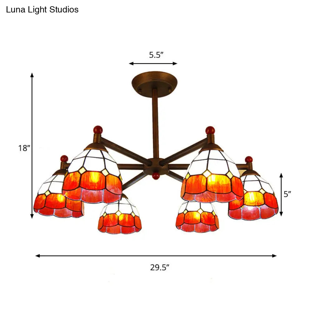 Rustic Style Stained Glass Chandelier With 6 Domed Hanging Lights - Yellow/Red/Blue Ideal For Dining