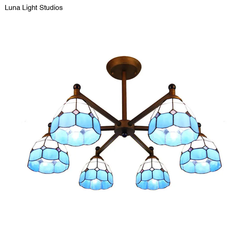 Rustic Style Stained Glass Domed Hanging Chandelier - 6-Light Yellow/Red/Blue Pendant Light For