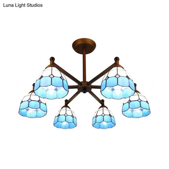 Rustic Style Stained Glass Domed Hanging Chandelier - 6-Light Yellow/Red/Blue Pendant Light For