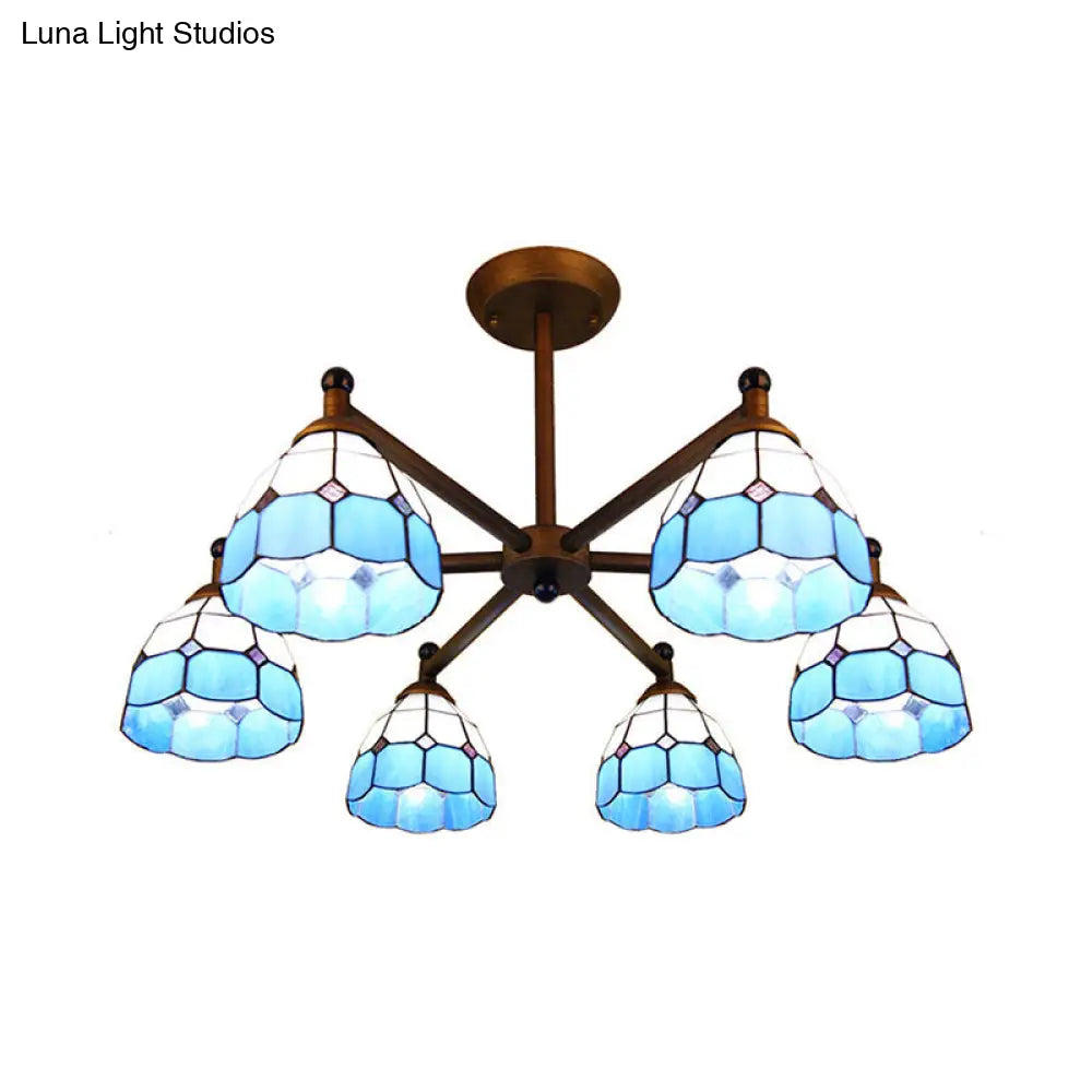 Rustic Style Stained Glass Chandelier With 6 Domed Hanging Lights - Yellow/Red/Blue Ideal For Dining