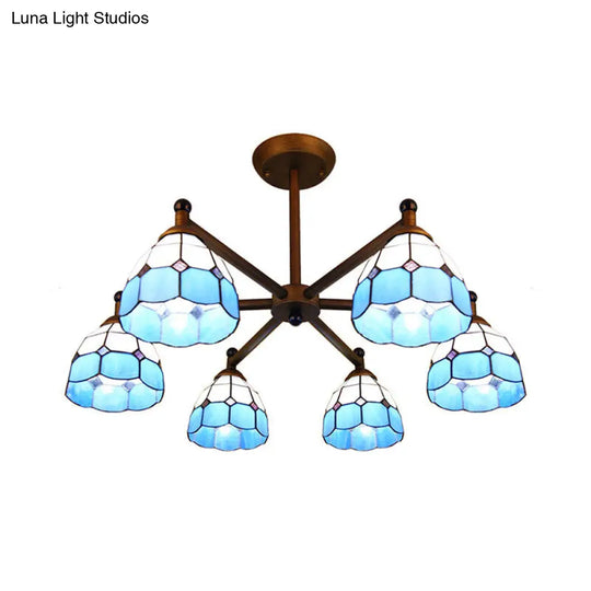 Rustic Style Stained Glass Chandelier With 6 Domed Hanging Lights - Yellow/Red/Blue Ideal For Dining