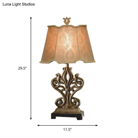 Rustic Style Table Lamp With Ruffle-Edged Shade - Brown 1 Bulb Square Pedestal Perfect For Guest