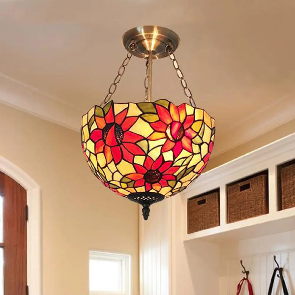 Rustic Sunflower Stained Glass Chandelier: Vibrant Orange Hanging Lamp For Corridor Lighting